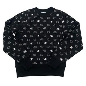 Champion All-Over Print Logos Size S Black Crewneck Sweatshirt (Retail $45)